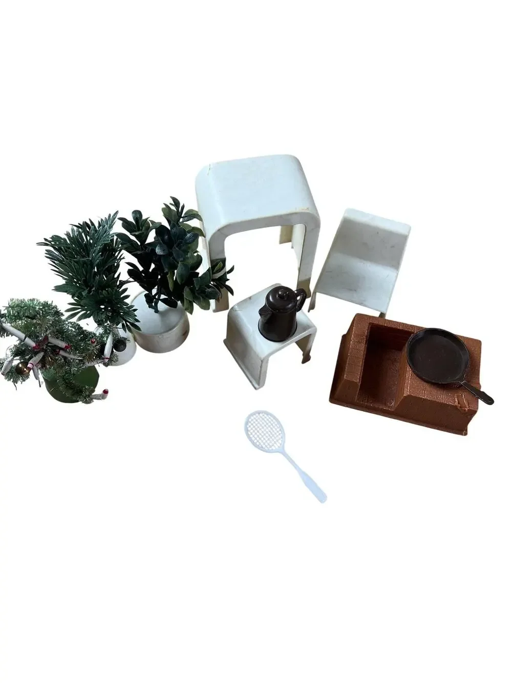 Dollhouse Miniature Accessories Lot Plants Chairs Stools Pot Pan Racket